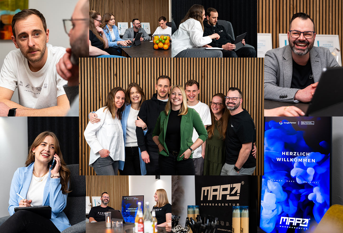 Collage von Teamfotos der MAPO Werbeagentur Potsdam mit Mitarbeitenden in Meetings, kreativen Gesprächen und entspanntem Arbeitsumfeld.